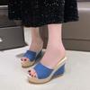 2025 New Fashion European and American Wedge Heel Slippers Muffin Thick-bottomed High-heeled Sandals One-character Large-size Open-toed Women's Slippe