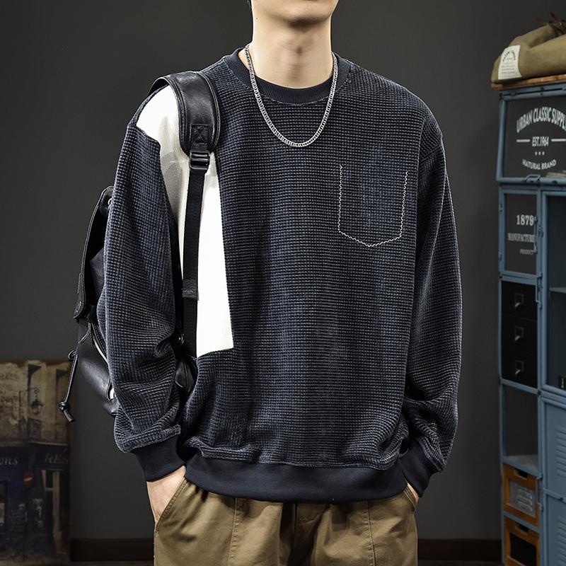 

Осенний американский винтажный вафельный мужской свитер, свободный дизайн, с круглым вырезом, тяжелая куртка с длинными рукавами 4XL темно-серого