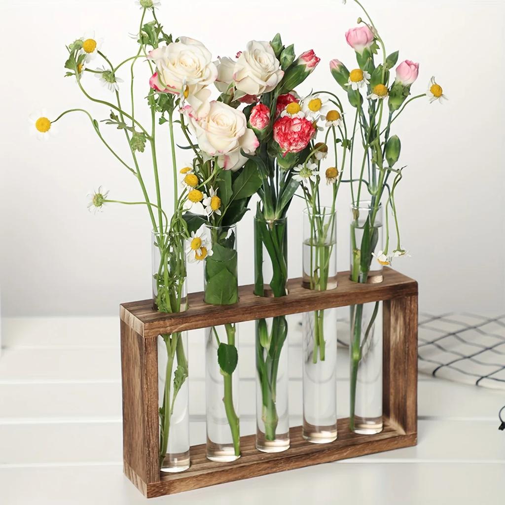 Hydroponic green plant test tube vase water-grown flower arrangement plant container simple wooden frame decoration creative gla