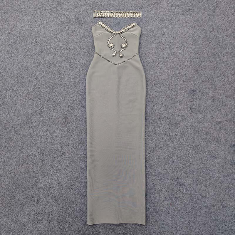 Роскошное облегающее платье без бретелек со стразами: Элегантное вечернее платье Large серый