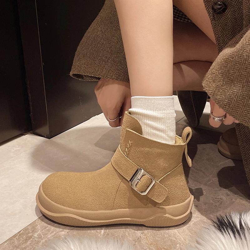 Flats Ankle Women Snow Sneakers Boots Belt Buckle Suede Winter Fashion Women Shoes New 2025 Trend Casual Walking Non Slip Boots