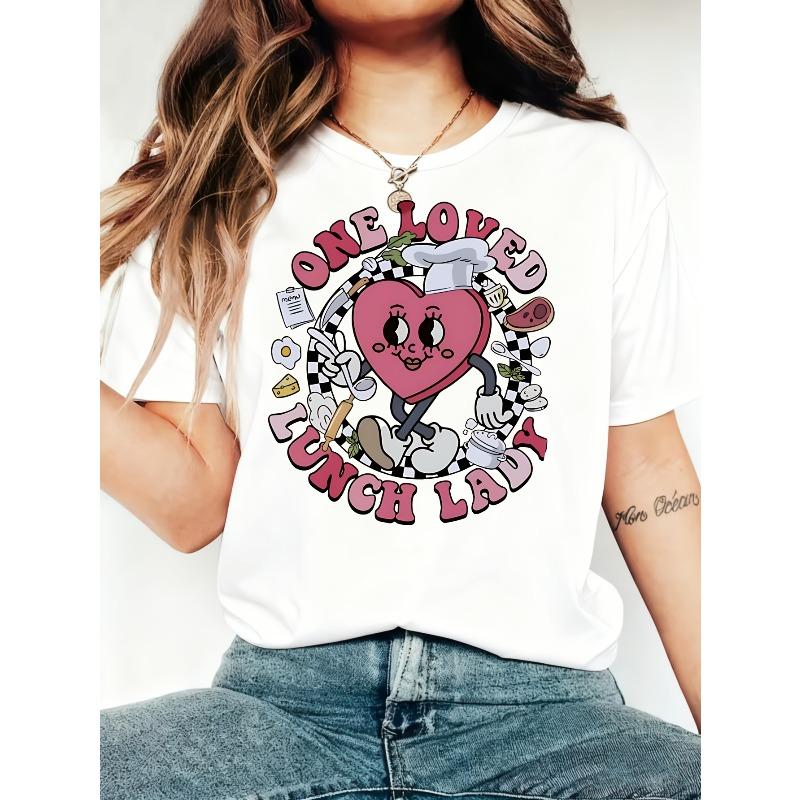 

European Size One Loved Lunch Lady Heart Pattern Print | European and American Fashion Casual Round Neck Short Sleeve T-shirt 4XL