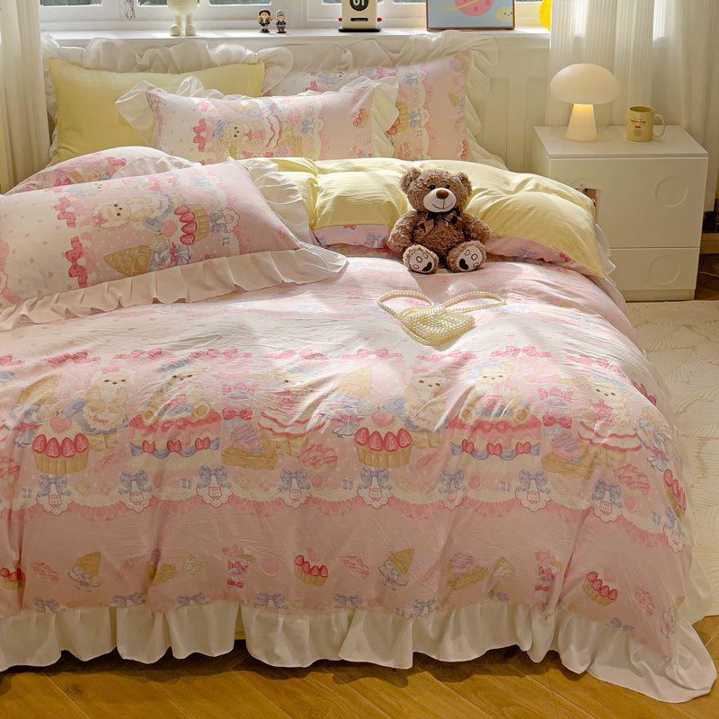 G5Z Princess Mingsha Lolita Lace Washed Cotton Bedding Set - Duvet Cover, Bed Sheet, Cute Girl Dormitory Style (4-Piece)