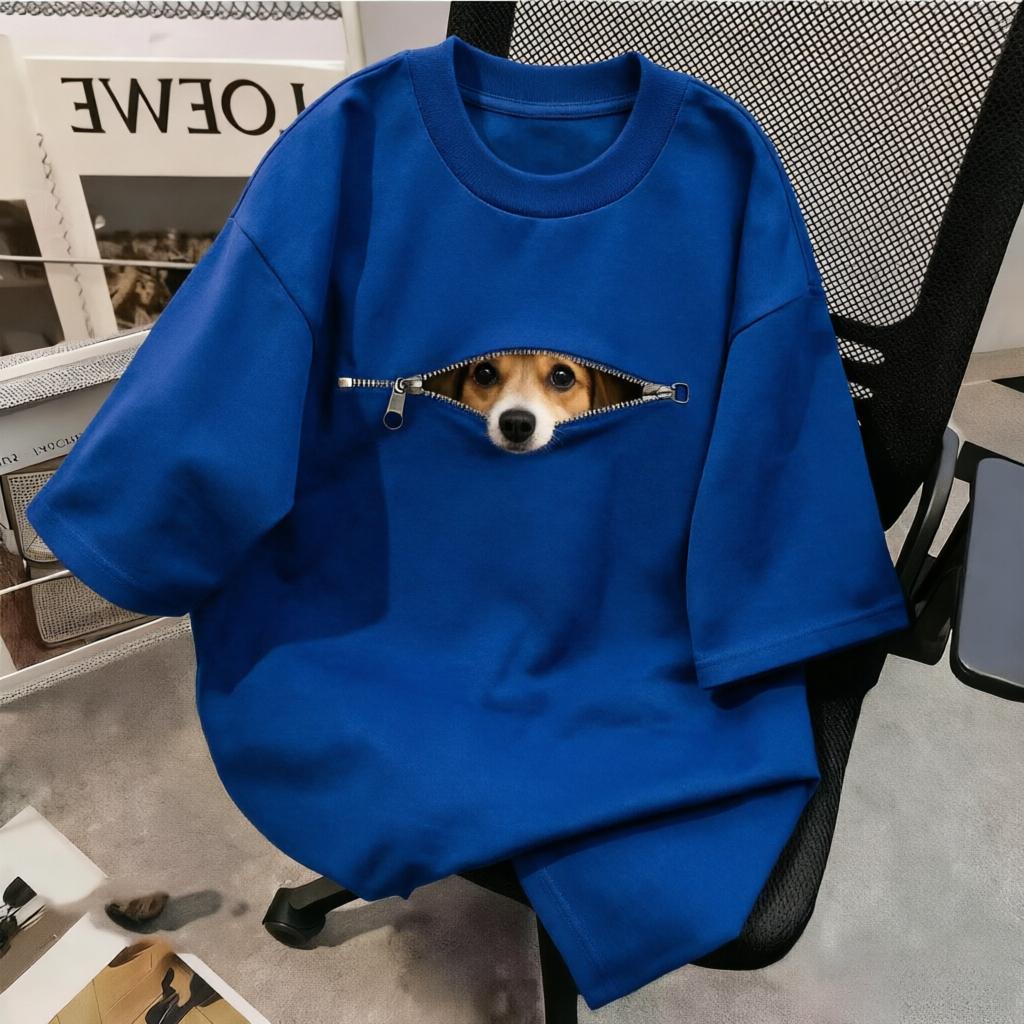 Cute Dog Peeking Zipper Design TShirt Unisex Women Casual Cotton Funny Animal Print Streetwear Tops