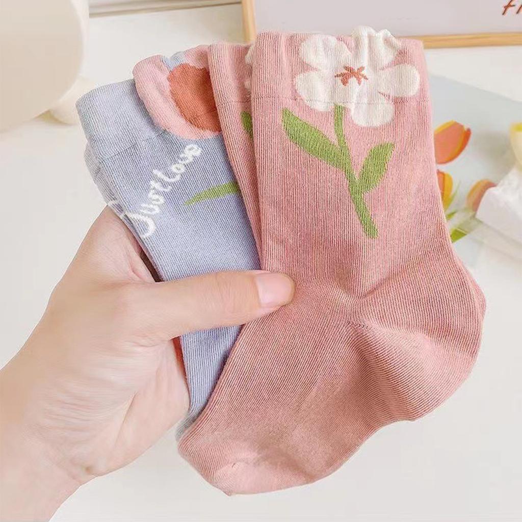 Meias de Flores Adoráveis Para Mulheres e Meninas Meias Respiráveis Estilos Coreanos Doces Meias de Cano Médio para Uso Estudantil