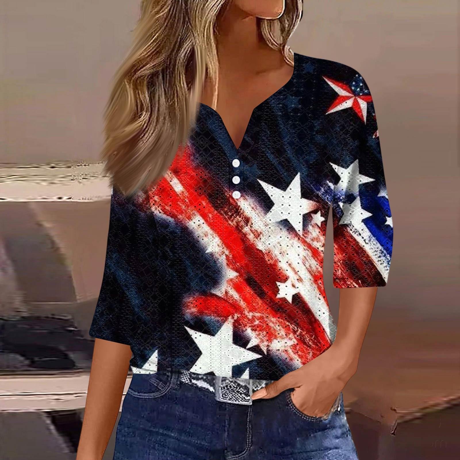 

Women s Fashion V-Neck Button Seven Sleeve Tee Casual Independence Day Printed Top L чорний