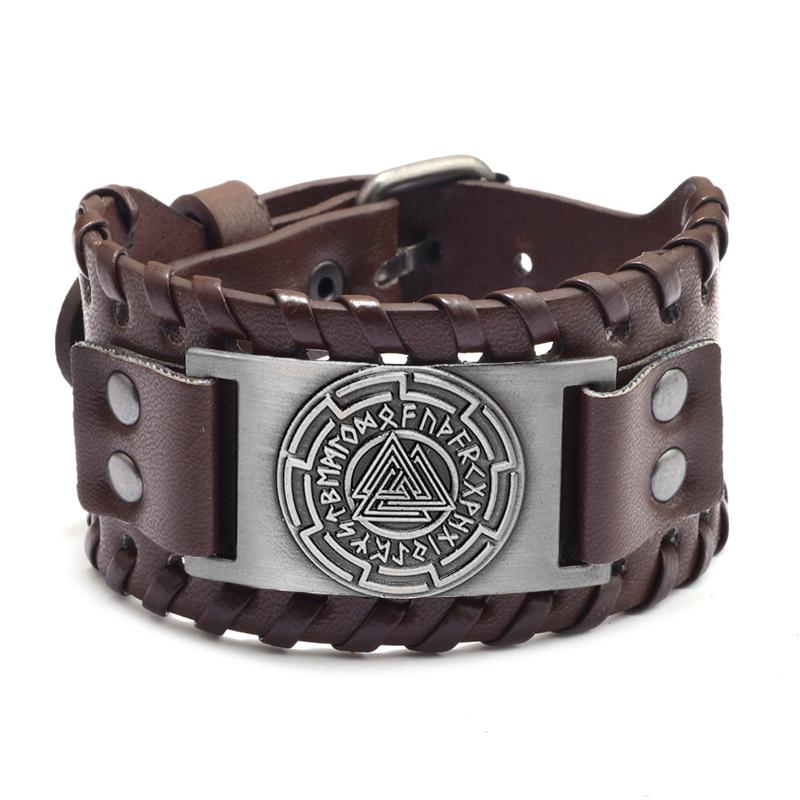 Trendy Totem Design Triangular Viking Rune Bracelet Men's Bracelet Genuine Leather Nordic Viking Accessories Jewelry Wholesale