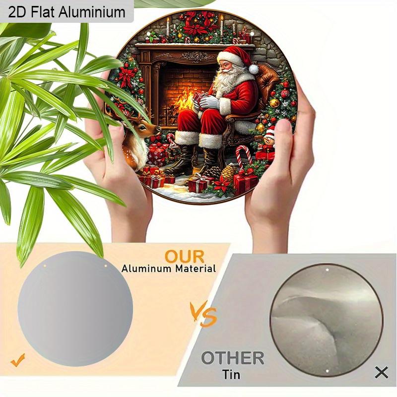2D Flat Aluminium Merry Christmas Sign with Santa Claus & Fireplace Pattern - Warm Winter Figurine Ornaments - Ideal for Front Door, Wall, Porch