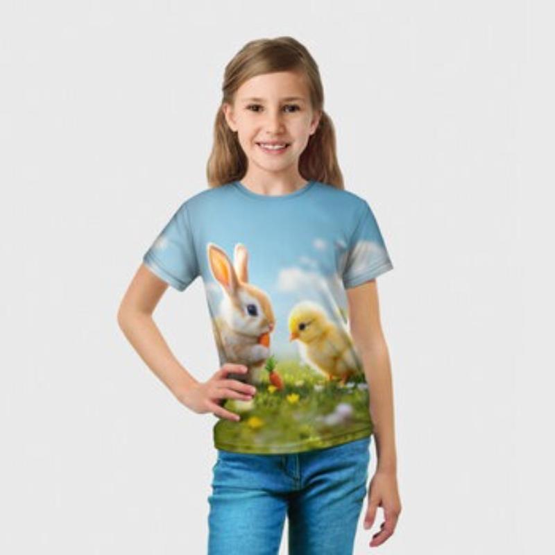 Children's Cartoon Rabbit Print Cute T-shirt Girls Short Sleeved Fashionable Soft Comfortable Top