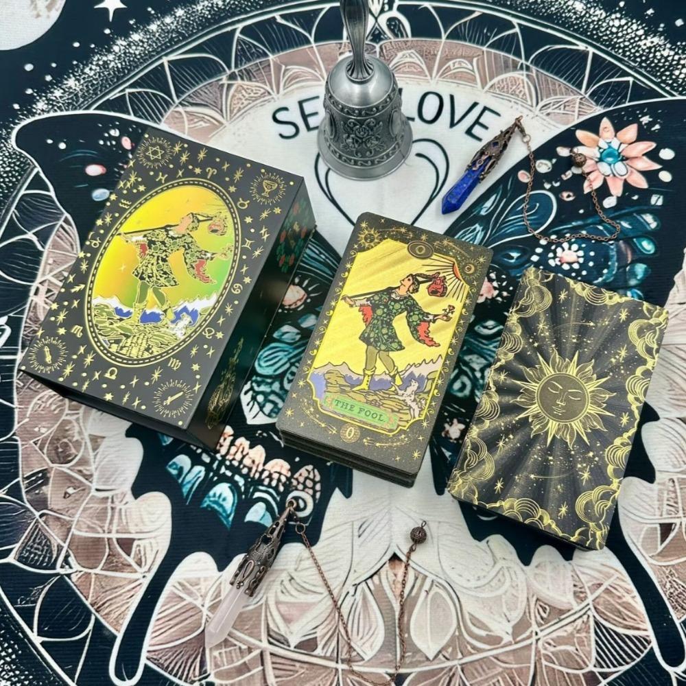 Black Gold Gilded Mystic Tarot Deck, Divination Tool with Luxury Finish 12*7cm 78 Pcs Waterproof Cards Based on Rider System