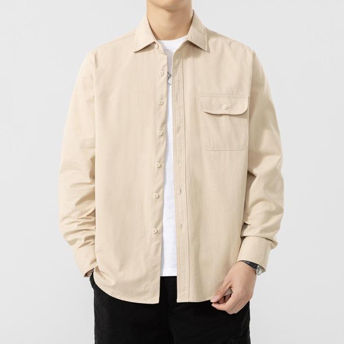 

Pure Cotton Long-sleeved Shirt Men s Spring Pocket Solid Color Long-sleeved Shirt Casual Shirt Jacket 3XL