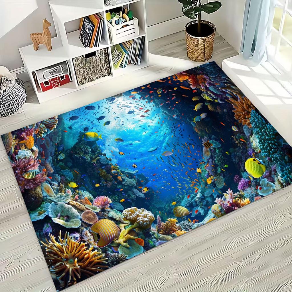 2026 New Underwater World Sea Dolphin Turtle Coral Rug for Bedroom Living Room Sofa Home Doormat Decor,Kids Non-slip Floor Mat