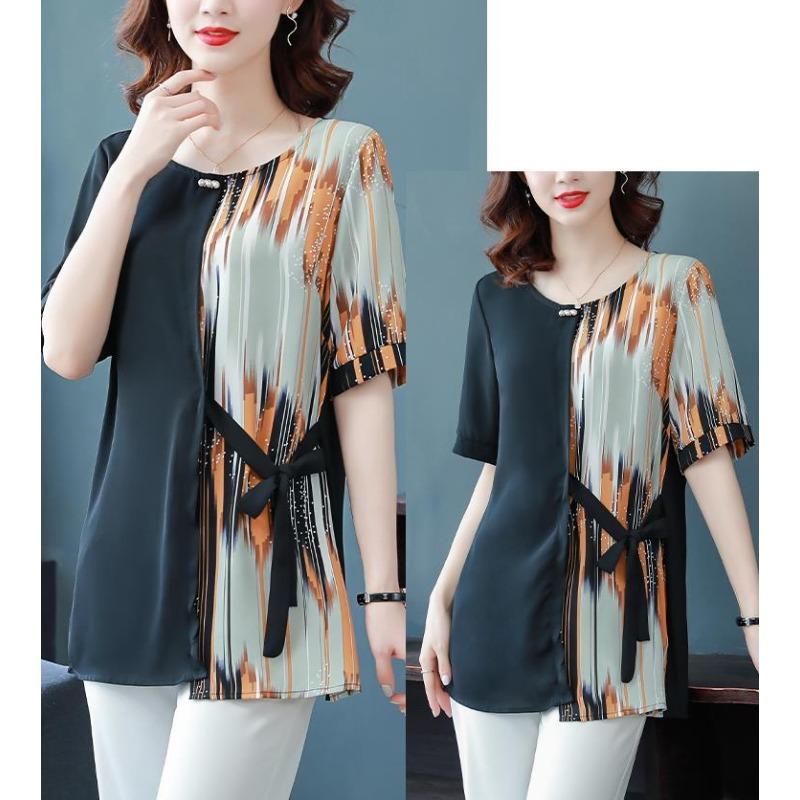Western-style Loose Short-sleeved Chiffon Shirt Middle-aged and Elderly Summer Round-neck Fashionable Small Shirt
