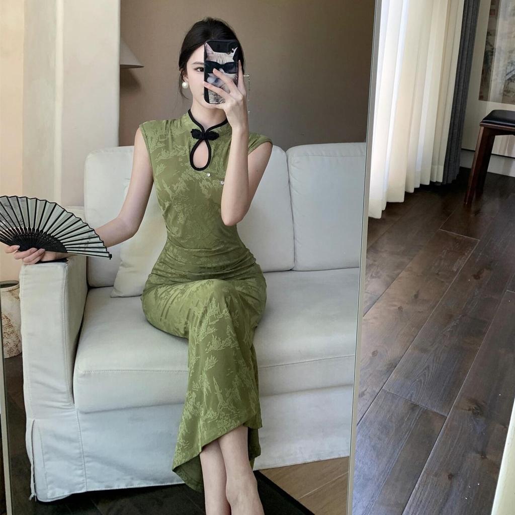 Summer Slim-fitting Dark Flower Festive Disc-buckled Cheongsam Sexy Waist and Thin Chinese Fashion Dress Women's Hip-wrapped Dress