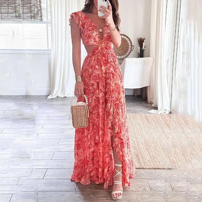 Women's Summer Printed Deep V Sexy Waistless Long Pleated Dresses