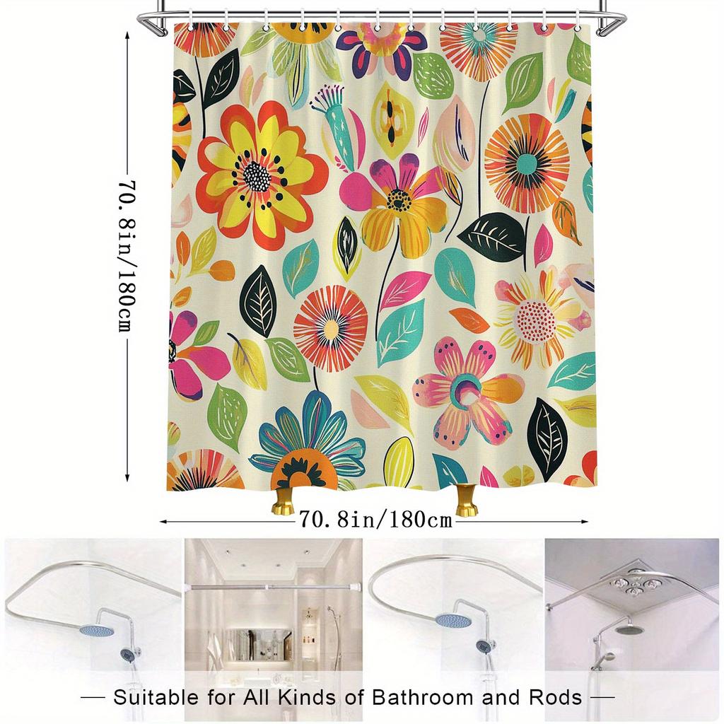 Vibrant Floral Pattern Waterproof Shower Curtain For Bathroom Decor, Adding A Splash Of Color And Modern Style To Your Space