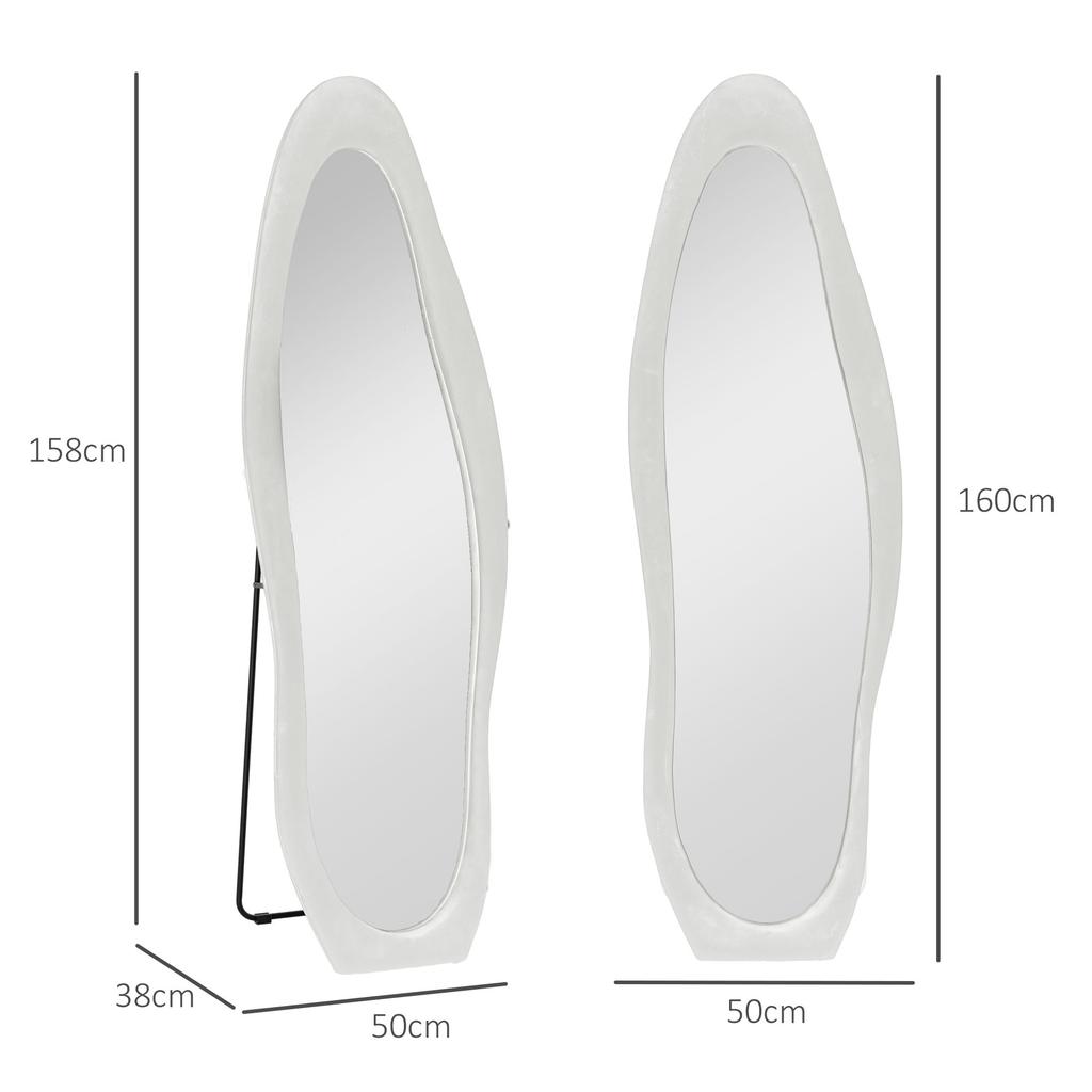 Specchio a figura intera, Forma ondulata, 160 x 50 cm, Autoportante, Rivestimento del telaio simile al velluto, Camera da letto, Soggiorno, Bianco