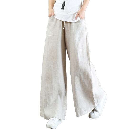 Casual Women Solid Color Wide Leg Pants High Waist Pockets Loose Long Trousers