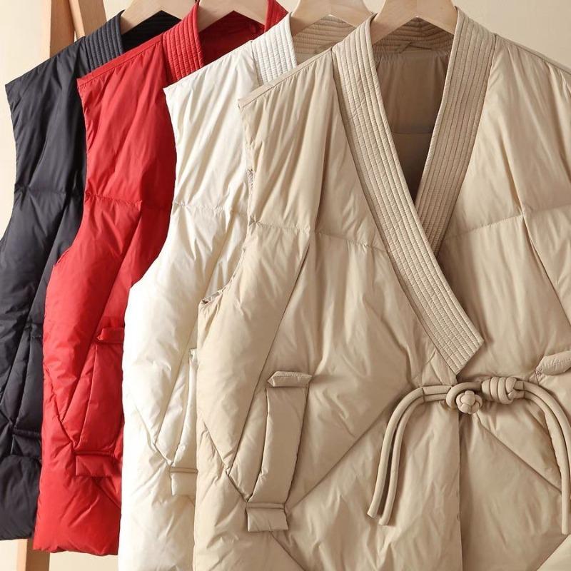 Autumn and Winter Light Down Cotton Clothes Vest Buckle Cross Neck Padded Cotton Vest Women's Retro Mother Winter Coat