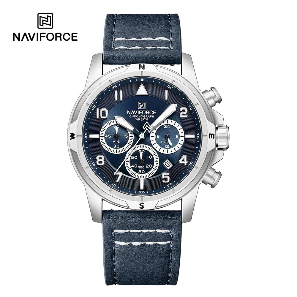 NAVIFORCE Original Men Quartz Watch Chronograph Mini Dial Calendar Date Leather Strap Luminous Hands 30m Waterproof Men Watch Gift NF8077