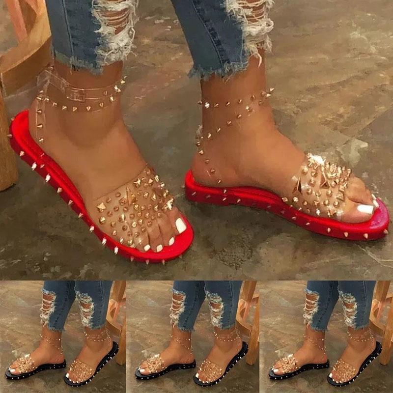 Women Summer Ankle Strap Sandals With Rivet Accents And Transparent Upper For Breathable Comfort
