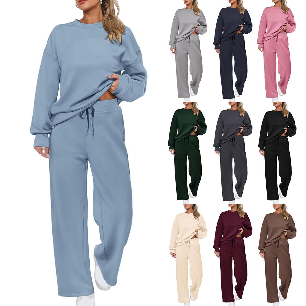 Women's Sports Suit: Solid Color Pullover, Drawstring Straight-leg Sweatpants, Women's Two-piece Casual Suit