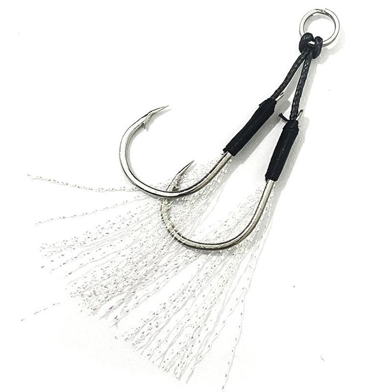 Metal Jig Tail Assist Hooks With Pe Line Feather Solid Ring Jigging Fishhook Double Barbed