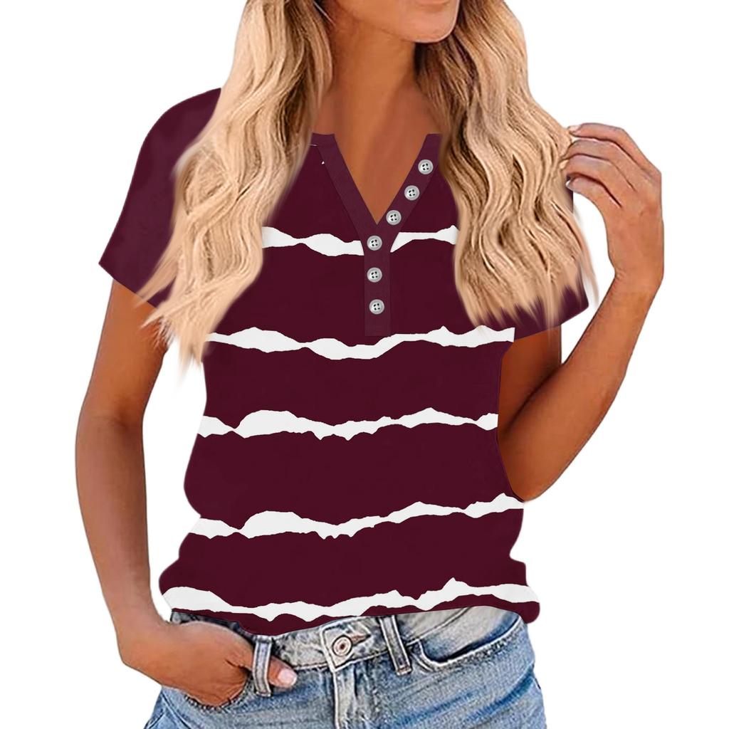 Women's Fashionable Casual V-neck Button-down Striped Print Short-sleeved Top For Summer