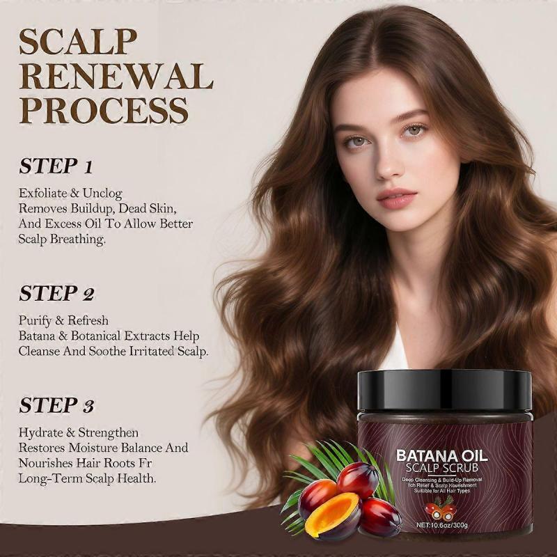 Batana Oil Scalp Scrub, 2-in-1 Shampoo Scalp Exfoliator for Hair Treatment, Includes Silicone Scalp Massager, Removes Buildup & Dandruff, 300g