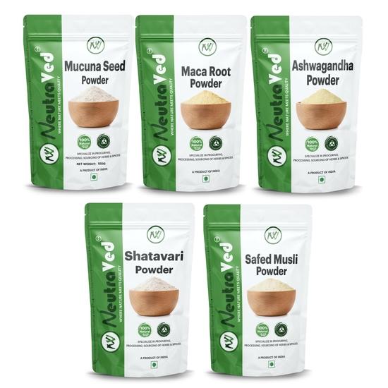 NeutraVed Safed Musli, Ashwagandha, Shatavari, Kaunch Beej (Mucuna Pruriens) & Maca Root Powder Combo (Pack of 50 Gram X 5 Combo) = 250g
