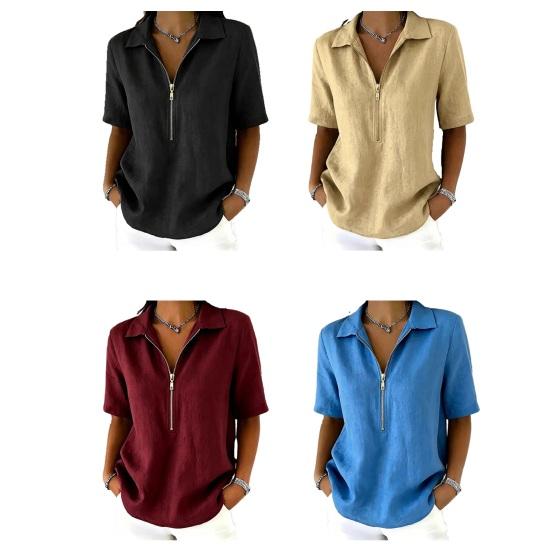 Damen Oberteile Revers Reißverschluss Halbe Knopfleiste Kurzarm Pullover Oberteile Normale Passform Einfarbige Freizeitbluse Partys Urlaube Tägliche Kleidung