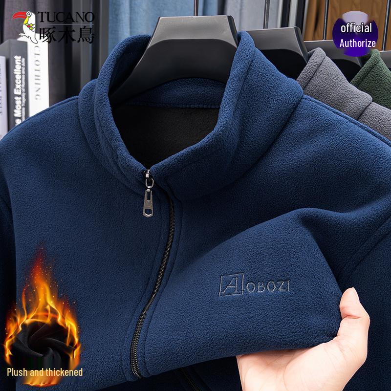 

Men s Woodpecker Fleece Jacket - Winter Warmth, Velvet-Lined Hoodie, Stand Collar, Thick Shell Liner XL (100-120 jin) синій