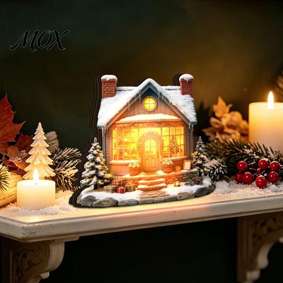 Wooden Festive Decorations Christmas Glowing House Ornament, LED Tabletop Decor for Hanging Holiday Village Display, Light Up Party Supplies Indoor