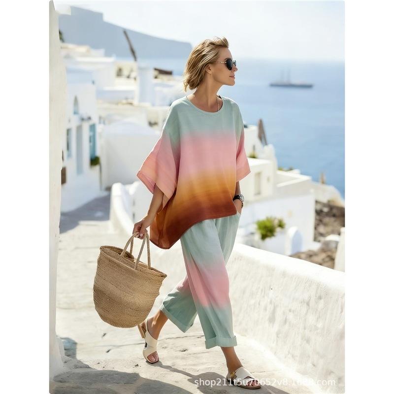 1116 Spring and Summer Bohemian Ink Painting Printing Two-piece Set Female Loose Casual Seaside Vacation Ladies Set