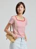 YJACK W_Stripe Square Neck Rib Binding Short Sleeve T-Shirt (180Gsm) Ljt1640S