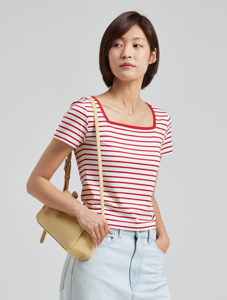 YJACK W_Stripe Square Neck Rib Binding Short Sleeve T-Shirt (180Gsm) Ljt1640S