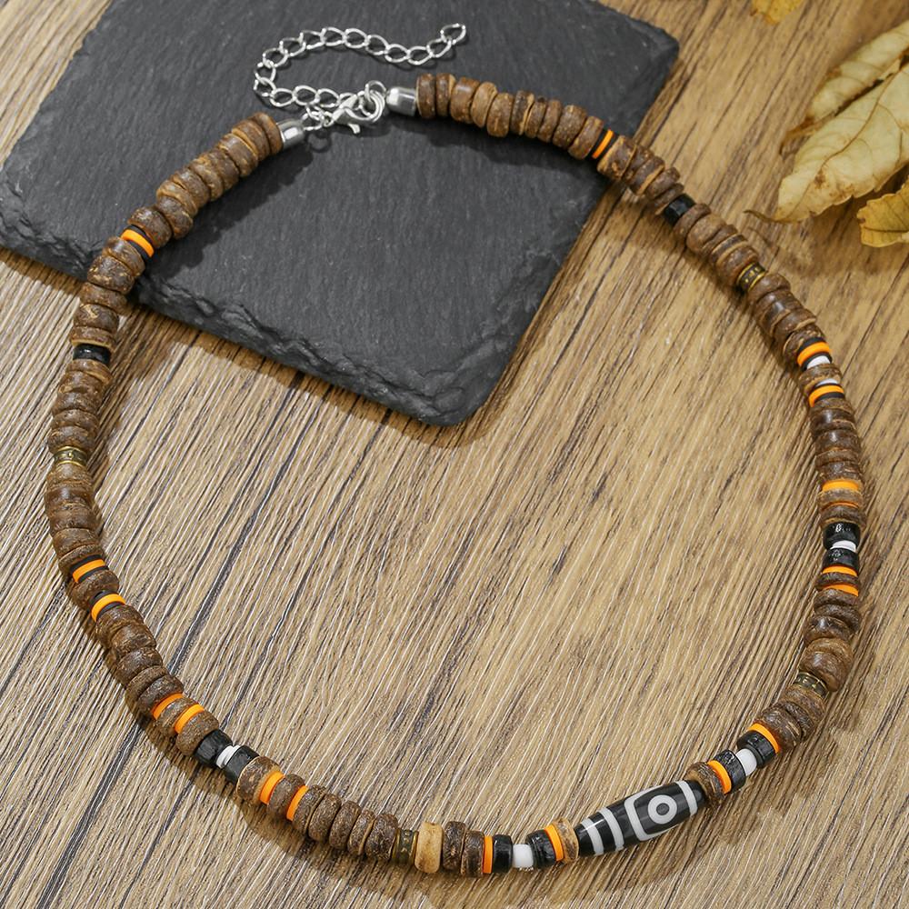 Geometrische Herrenkette Mit Kokosnussschalen-Anhänger Handgefertigte Stahlkette Für Lässigen Stil