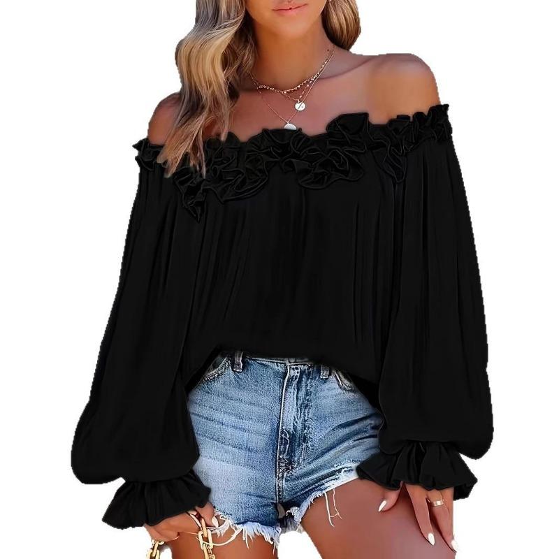 Elegant Fashion Casual Off-the-shoulder Women Blouse Long Sleeved Loose Simple Ruffled Shirt Office Ladies Tops Solid Color Tops