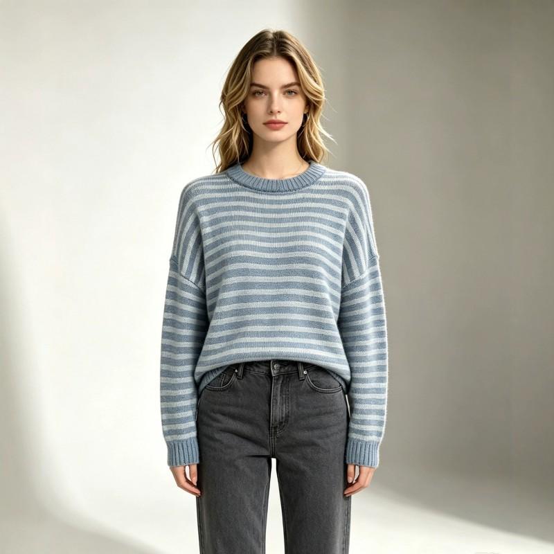 Womens Loose Fit Knit Sweater Long Sleeve Round Neck Striped Casual Pullover