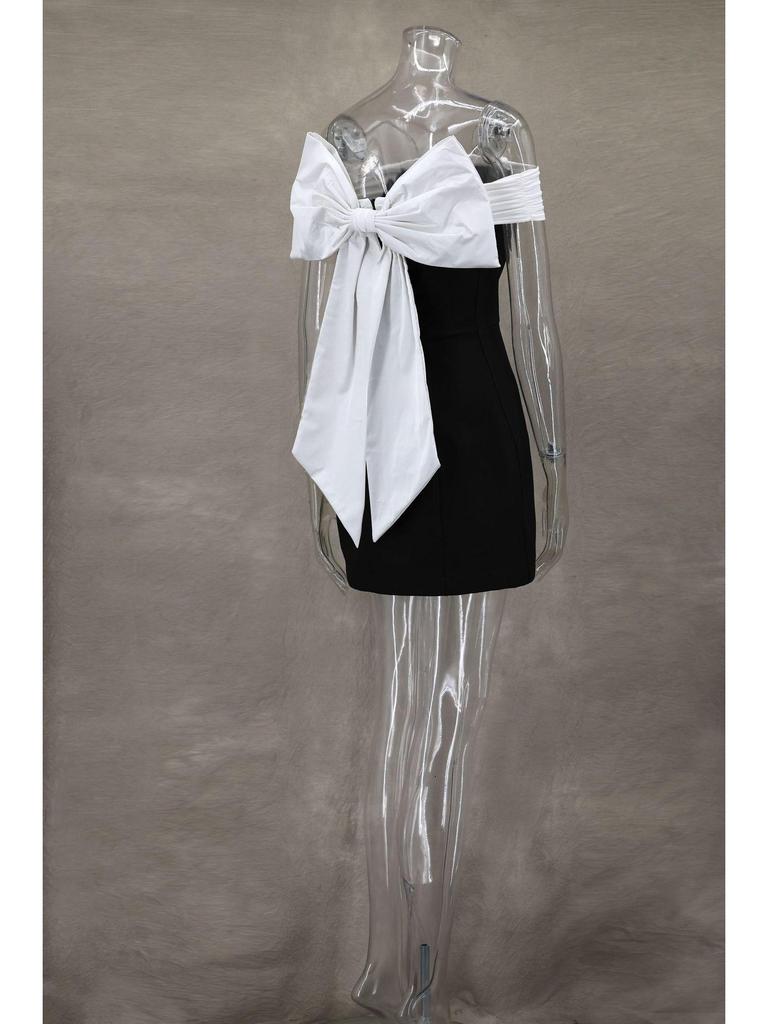 One-Shoulder Black & White A-Line Dress with Bow - Waist-Defining Design, Spring/Summer