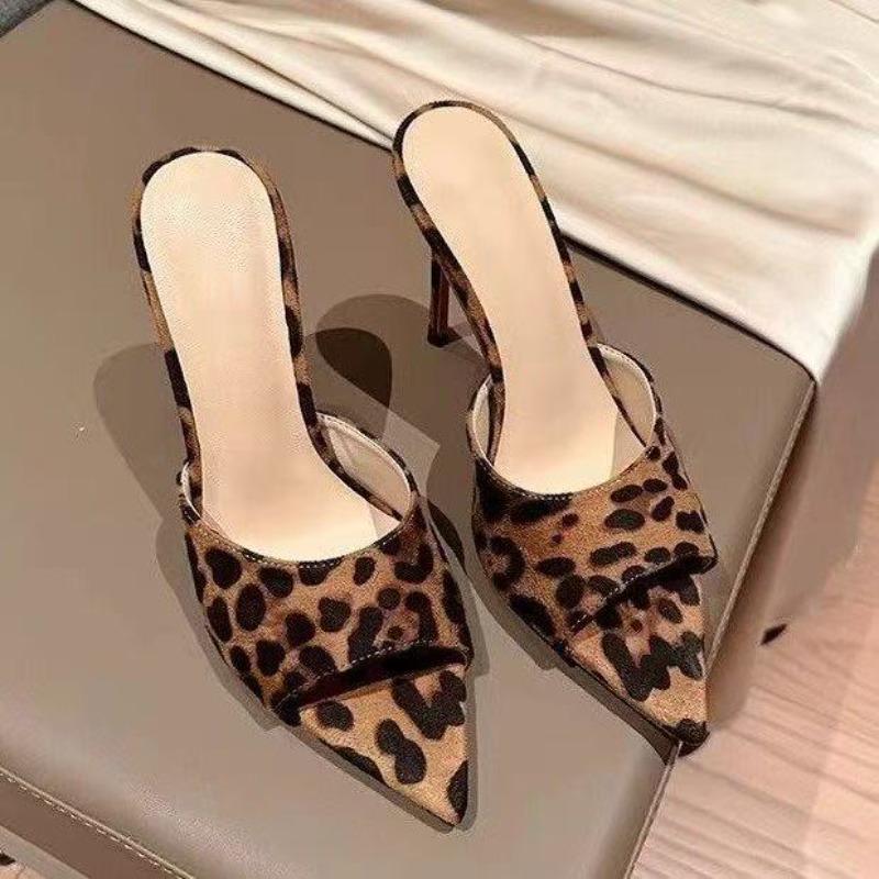 Fashion Women's Slippers Summer New High Heels Pointed Head Shallow Mouth Leopard Print Sandals Fashion Temperament Fine Heels Slippers
