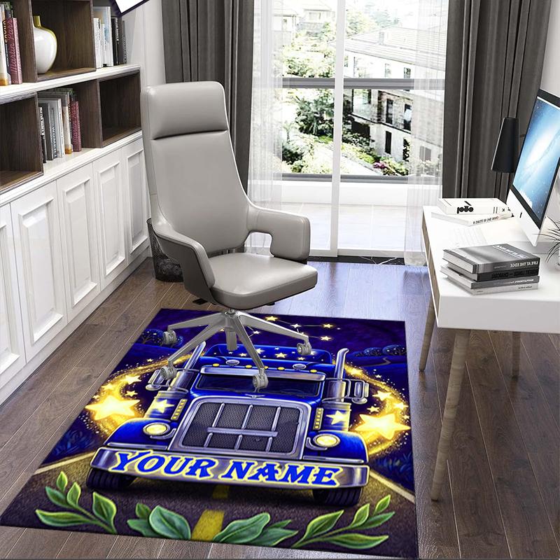 1PC Custom Name Nighttime Truck Journey Theme Floor Mat Ideal for Living Room, Game Rooms, Office, Bedroom,Floor Mat Playful Design