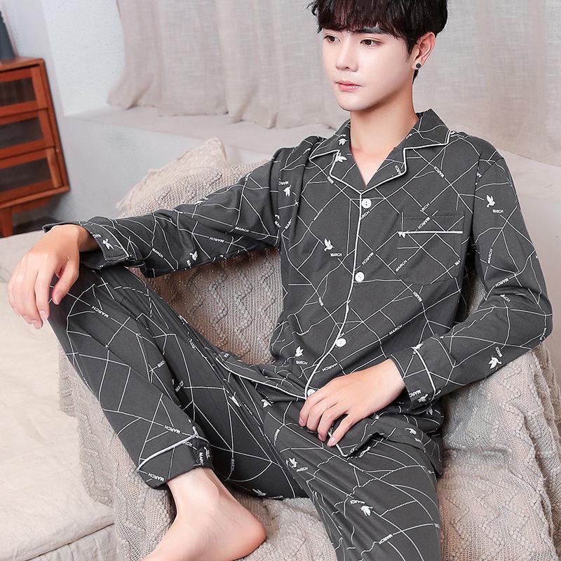 Men's 100% Cotton Long Sleeve and Pants Pajama Set - Plus Size, Spring/Autumn, Loose Fit, Two-Piece Home Wear