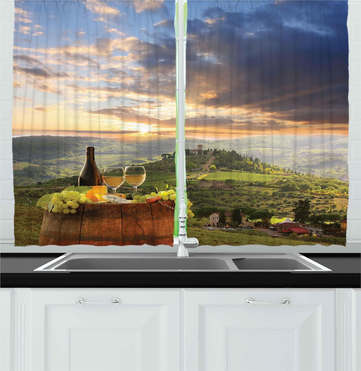 Tropical Kitchen Curtains, Nature Scene Exotic Flowers and Palm Tree Silhouettes and Flamingos Wildlife, Window Drapes 2 Panel 60×150