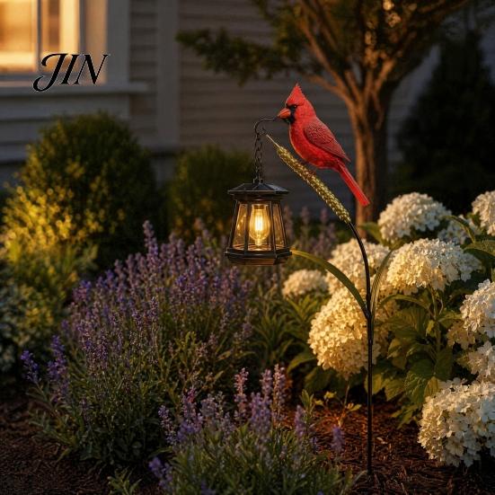 Tealight Candle Holder Outdoor Metal Red Bird Garden Stake Lamp, Vintage Lantern for Cemetery Yard Patio, Hollow For Candles Rustic Ornament,