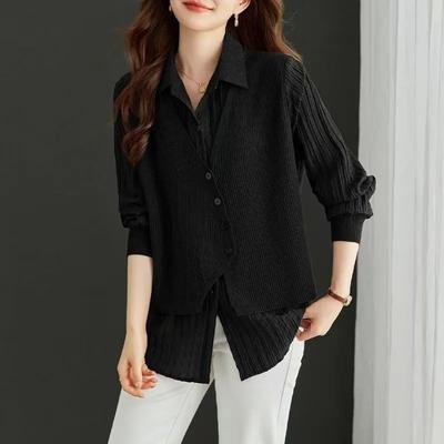 Buttoned Solid Color Fashion Long Sleeve Shirt Women's Spring and Autumn Loose Fake Two-piece Top
