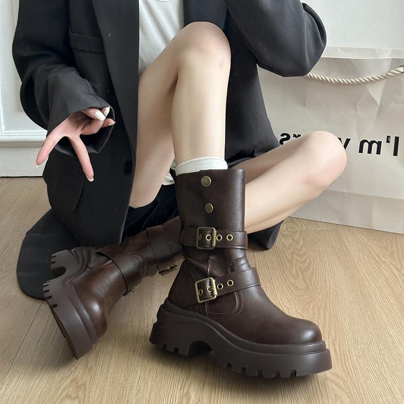 

Осень новые из натуральной мягкой кожи ботфорты женский дизайн но до колена длинная труба толстая подошва увеличивающие рост складки эластичные тонкие ботинки 40 коричневый