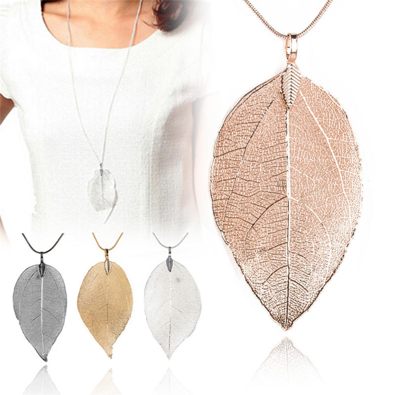 Unique Women Jewelry Simple Leaf Sweater Pendant Long Chain Necklace