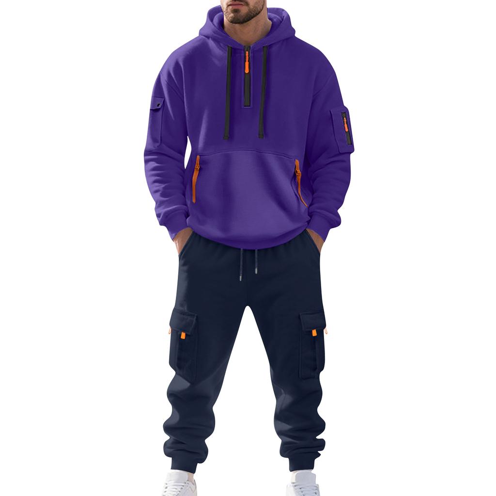 Men's Solid Color Casual Suit Loose Sports Hooded Sweatshirt With Pockets Multi Pocket Overalls Suit