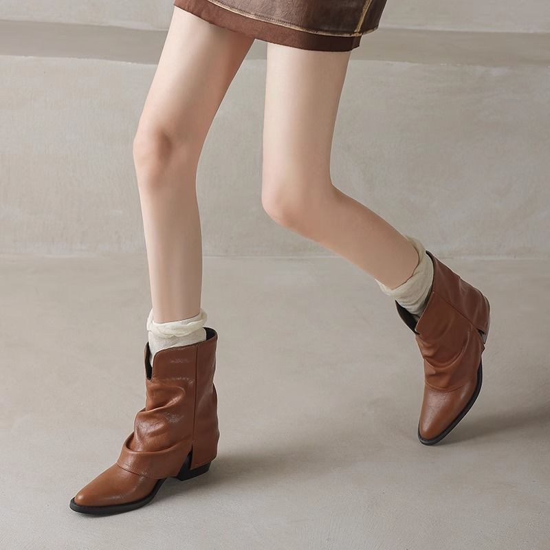 2025 Autumn and Winter New Pointed Western Pile Boots Small High Heel Short Boots Trouser Boots Thick Heel Martin Boots